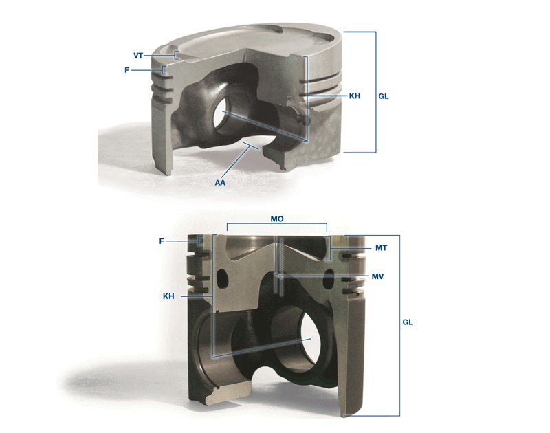 MAHLE piston with labels to each dimension segment. Segments will coorespond with dimensions on the piston ordered and varies per product. 