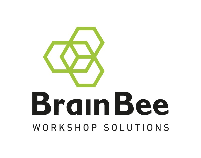 Brain Bee logo with honeycomb in green and brand name in black. 