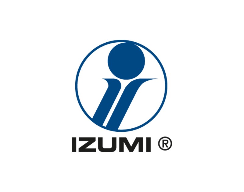Izumi brand logo. Brnaded "i" in a circle is in blue with the name of the brand in black. 