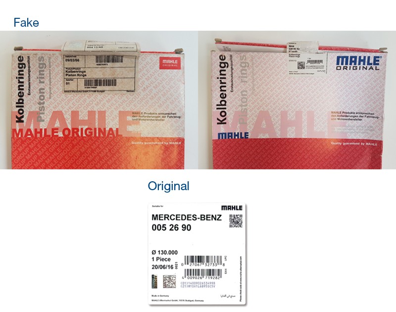 Comparison of fake and MAHLE piston ring packaging. The fake packaging has our logo in red and different lettering. Packages can be checked with the MAHLE team at any time to ensure they are originals. 