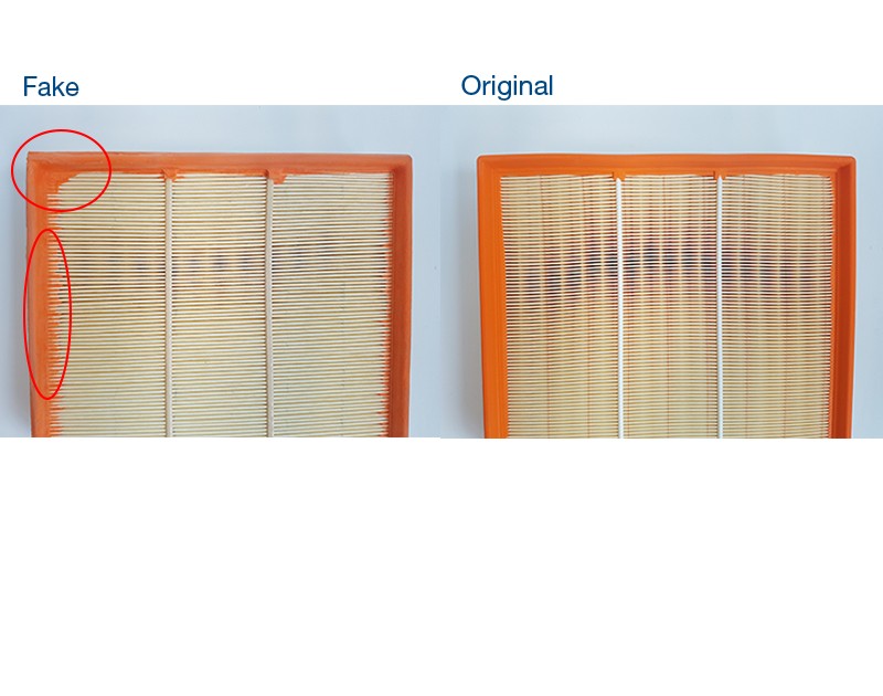 Comparison between a fake and MAHLE air filter. The fake filter has uneven glue on the edge of the filter making it easy to determine it is a counterfeit air filter. 