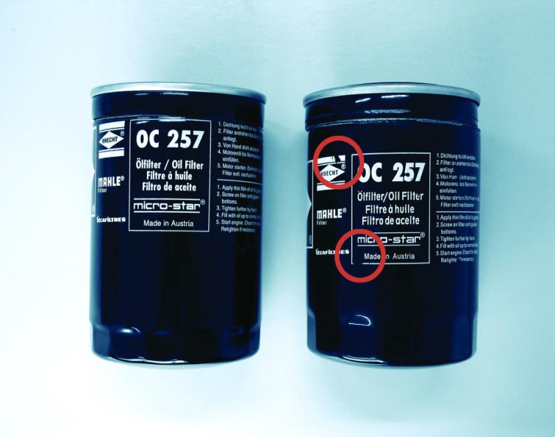 Comparison of a fake and MAHLE oil filter. The fake oil filter has easily scratchable paint and a non-functional interior that is essential to the functionality of the oil filter. 