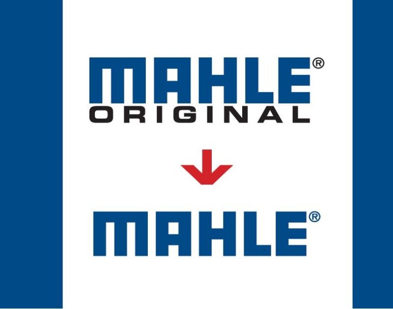 MAHLE original is now just MAHLE, image shows the transition of labels. MAHLE remains in blue with the copyright symbol also in blue.